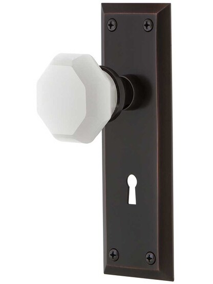 New York Mortise Lock Set with Milk White Waldorf Crystal Glass Knobs in Timeless Bronze.